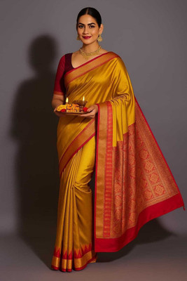 Afronza Temple Border, Striped, Woven, Applique Sambalpuri Pure Silk, Silk Blend Saree(Mustard, Red)