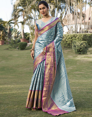 Tasrika Woven, Embellished Kanjivaram Silk Blend Saree(Silver, Blue)