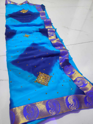 NeeLKANTH ENTERPRISE Self Design, Color Block, Hand Painted, Graphic Print, Floral Print Bandhani Chiffon Saree(Blue)