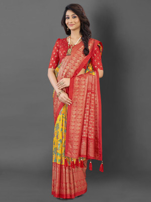 Sareemall Printed Pochampally Cotton Blend Saree(Yellow)