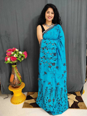 Jaipuri Print Printed, Color Block, Blocked Printed, Floral Print, Dyed Daily Wear Pure Cotton Saree(Light Blue)