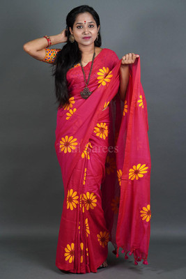 maadurga Printed Handloom Cotton Blend Saree(Pink, Yellow)