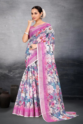 HouseOfCommon Floral Print Bollywood Cotton Linen Saree(Purple)