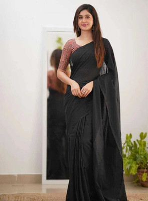 PARTHA BISWAS Solid/Plain Handloom Cotton Blend Saree(Black)