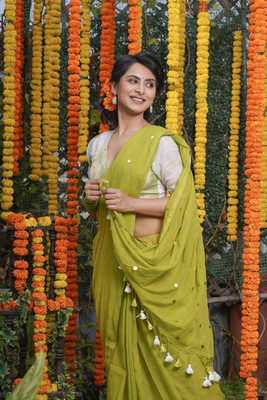 RenukaSharee Applique Bollywood Pure Cotton Saree(Light Green)