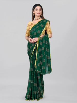 JiproStore Printed Bollywood Chiffon Saree(Dark Green)