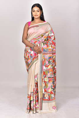 Ramshyam Collection Woven Kantha Pure Silk Saree(Cream)