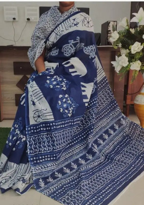 HouseOfCommon Floral Print Bollywood Chanderi Saree(Dark Blue)