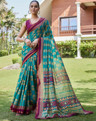 Tasrika Blocked Printed, Printed Daily Wear Pure Cotton Saree(Green, Maroon, Beige)