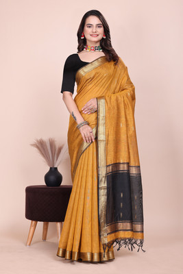 REKNIT Woven Bollywood Cotton Silk Saree(Orange, Black)