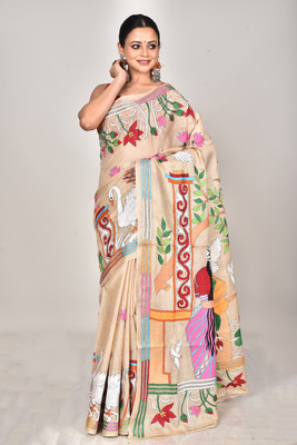 Ramshyam Collection Printed Kantha Pure Silk Saree(Beige)