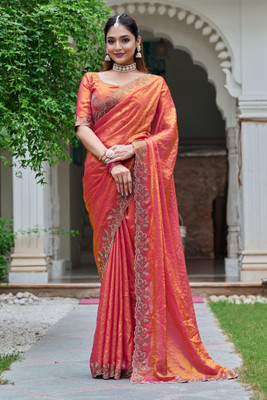 NewPoojaSaree Embellished Bollywood Silk Blend Saree(Orange)