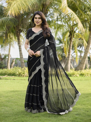 AMBUJAINTERNATIONAL Embroidered Bollywood Jimmy choo Saree(Black)