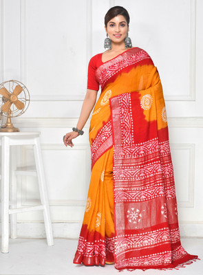 Mystory Printed Handloom Cotton Linen Saree(Yellow)