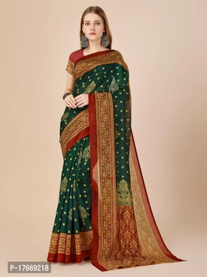 Darahansaree Embroidered Banarasi Silk Blend, Satin Saree(Green)