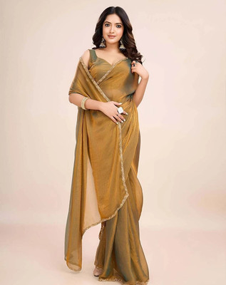 Sundhaji Trends Solid/Plain, Temple Border, Embellished Bollywood Chiffon, Tissue Saree(Yellow)