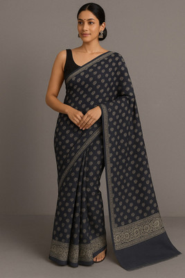 Om Traders Printed Saree with Attached Blouse Cotton Silk Saree(Black)