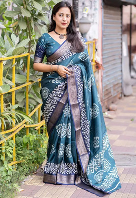 yanish Digital Print, Geometric Print, Self Design Kalamkari Cotton Silk Saree(Multicolor)