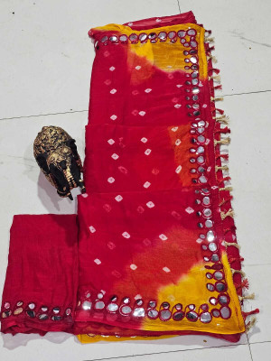 KAKADIYA CREATION Checkered, Color Block, Hand Painted, Self Design, Blocked Printed Bandhani Chiffon Saree(Red, Black)