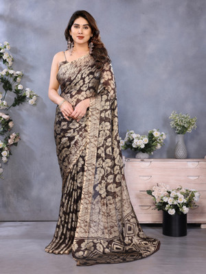 Karnav Fashion Floral Print Bollywood Chiffon, Georgette Saree(Brown)