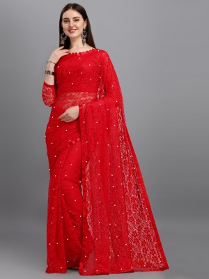 LOROFY Self Design Bollywood Net Saree(Red)