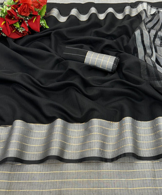 Vikash fab Solid/Plain Kasavu Cotton Linen Saree(Black)
