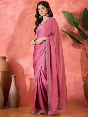 Sangria Embellished Saree with Attached Blouse Silk Blend Saree(Pink)