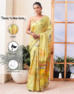 Samah Floral Print, Printed Daily Wear Linen Saree(Yellow, Multicolor)