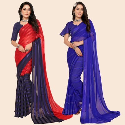 Anand Sarees Embellished, Ombre, Striped Bollywood Satin Saree(Pack of 2, Red, Blue)