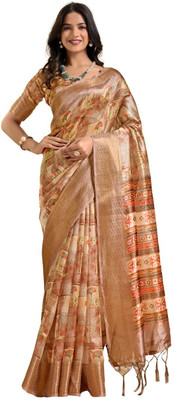 Mirthika Text Floral Print Assam Silk Silk Blend Saree(Multicolor)