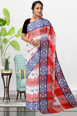 GANESH PLASTIC Woven, Self Design Handloom Pure Cotton Saree(Orange, White)