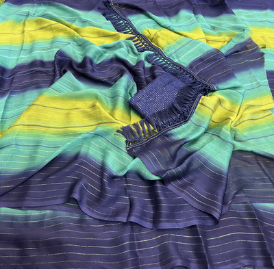 Varni Creation Striped Bollywood Chiffon Saree(Blue)