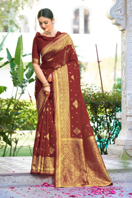 Sariya Woven Banarasi Jacquard, Silk Blend Saree(Maroon)