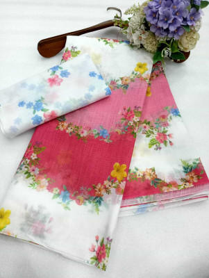 Saaransh Floral Print Kanjivaram Linen, Cotton Silk Saree(Pink)