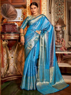 Manokamna Printed Kanjivaram Silk Blend Saree(Light Blue)