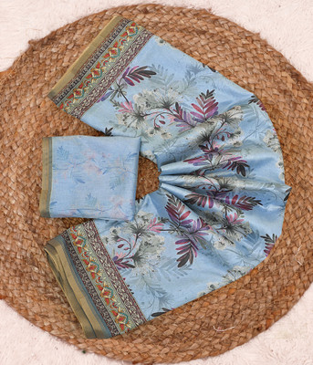 Mugdarra Floral Print Bollywood Silk Blend Saree(Light Blue)