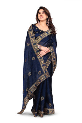 Mikhushop Embroidered Bollywood Jimmy choo Saree(Dark Blue)