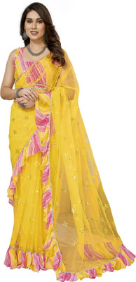 Queenswear Creation Printed Daily Wear Net Saree(Yellow)