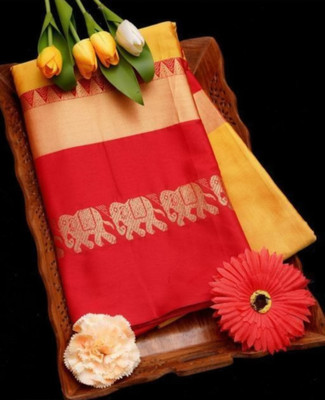 MoonTextile Temple Border Assam Silk Cotton Silk Saree(Maroon, Yellow)