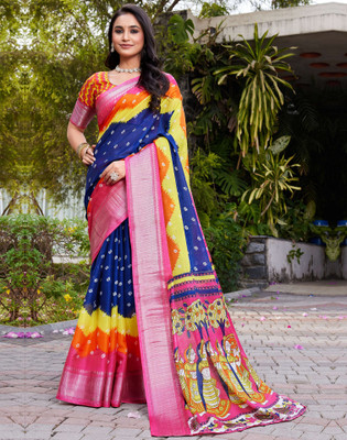 Samah Printed, Digital Print Bandhani Silk Blend Saree(Multicolor)