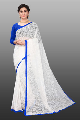 LOROFY Self Design Bollywood Net Saree(White)
