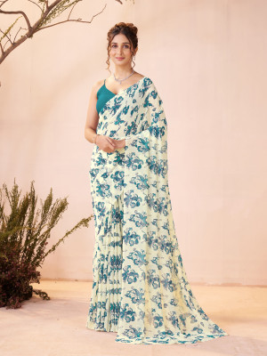GARDEN VARELI Floral Print Bollywood Georgette Saree(Beige)