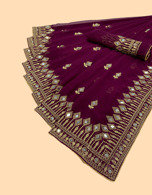 RHG Fashion Embroidered Banarasi Georgette Saree(Purple)