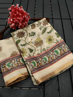 AARAANA Printed Kanjivaram Linen Saree(Cream)
