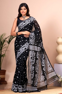 crochetin Woven Jamdani Handloom Cotton Blend Saree(Black, White)