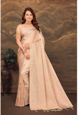 Moksha trends Solid/Plain Kanjivaram Silk Blend Saree(Beige)