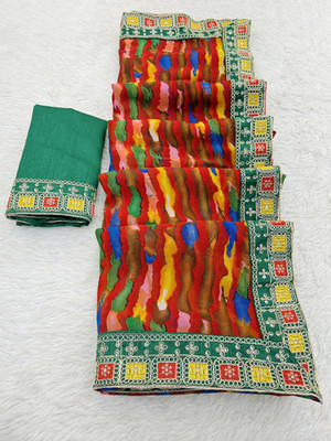 Pemal Designer Printed Bollywood Georgette Saree(Multicolor)
