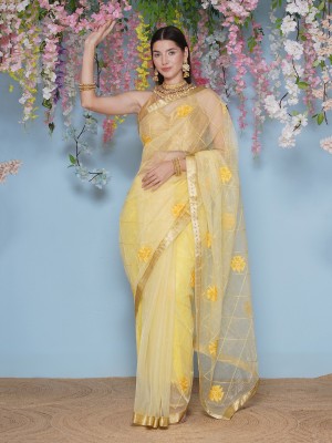 LABELKASHI Embroidered Bollywood Net Saree(Yellow)