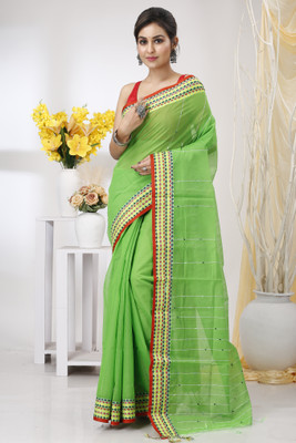 DipDiya Solid/Plain, Embroidered Handloom Cotton Blend Saree(Green)