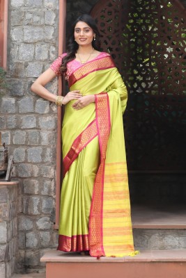 Vrutalay NX Woven Banarasi Pure Silk Saree(Light Green, Pink)